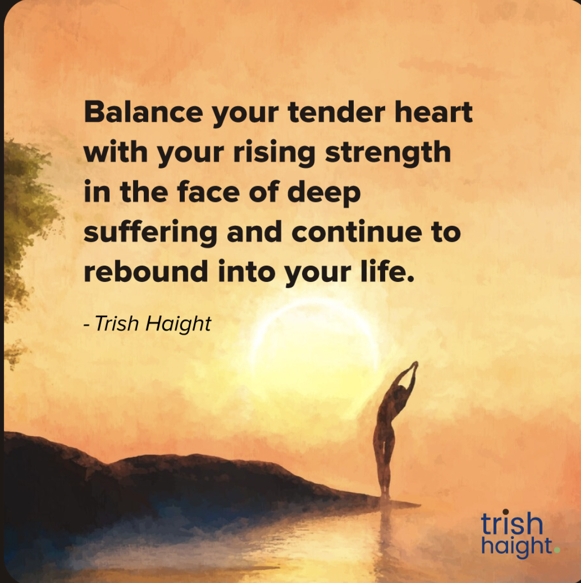 A person stands with arms raised by a body of water at sunrise, accompanied by an inspirational quote about balancing tenderness and strength by Trish Haight—echoing themes explored in Dr. Minwalla and the Secret Sexual Basement.